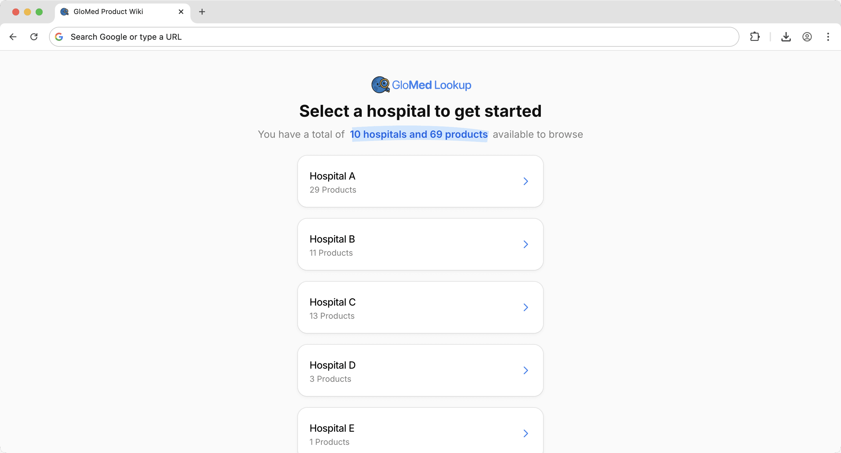 Hospital selection screen